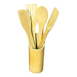 Kit 4 Talheres De Bambu Com Suporte Para Cozinha Durável