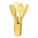 Kit 4 Talheres De Bambu Com Suporte Para Cozinha Multiuso