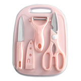 Kit 4 Utensílios Cozinha Faca Tesoura Descascador Tábua Aço Cor Rosa