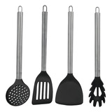 Kit 4 Utensílios Cozinha Jogo Cabo Inox Escumadeira Espátula Cor Preto