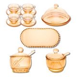 Kit 4 Xícaras 80ml Travessa Quejeira Açucareiro Melera Âmbar