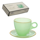 Kit 4 Xícaras Verde Com Pires Vidro Café Chá Cristal 170ml