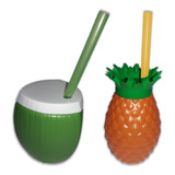 Kit 40 Copos Reutilizáveis Canudo 20 Coco Verde 20 Abacaxi