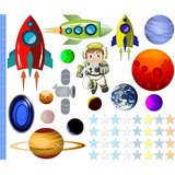 Kit 49 Adesivos Espaço Astronauta Foguetes Régua Crescimento Cor Colorido