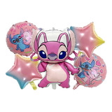 Kit 5 Balões Metalizado Angel Stitch Balão Flutua Gás Hélio Cor Rosa