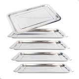 Kit 5 Bandeja Aço Inox Retangular Rasa 40x30 Restaurante