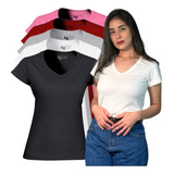 Kit 5 Blusinhas Babylook Feminina Slim Algodão Gola V Básica