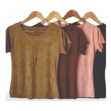 Kit 5 Blusinhas T shirt Suede Moda Lançamento Outono inverno