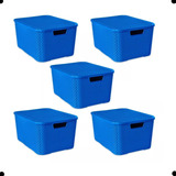 Kit 5 Caixas cesto Organizador Rattan Preto   7l Cor Azul