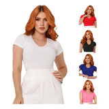 Kit 5 Camisetas Blusinha Feminina Casual Manga Curta Gola V