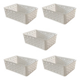 Kit 5 Cestos Organizador Multiuso Empilhável Gaveta 19x14x6 Cor Branco