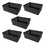 Kit 5 Cestos Organizador Multiuso Empilhável Gaveta 19x14x6 Cor Preto