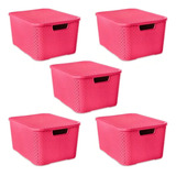 Kit 5 Cestos Organizadores Rattan Com Tampa 7 Litros Cor Rosa