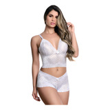 Kit 5 Conjuntos Lingerie Baby Doll Short Crooped Renda Sexy