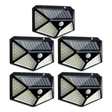 Kit 5 Luminária Solar Luz 100 Led Sensor Jardim Prova D água Cor Preto Cpx