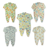 Kit 5 Macacão De Bebe Estampado Malha Canelada Menino Menina