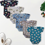 Kit 5 Peças Body Bebe M curta Estampado 100 Algodão Menino