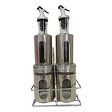 Kit 5 Peças Galheteiro Porta Azeite Inox Vidro Vinagre Sal