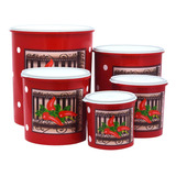 Kit 5 Pote Alimentos Jogo Lata Mantimento Decorado Adesivo Cor Pimenta Vermelho Potes Presente Chá Cozinha