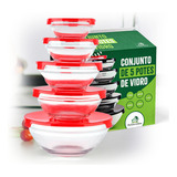 Kit 5 Potes De Vidro Com Tampa Conjunto Marmita Micro ondas Cor Transparente Tampa Vermelha Freezer Floresta Urbana