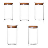 Kit 5 Potes De Vidro Tamppa Em Bambu 300ml Imediato Cor Transparente