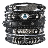 Kit 5 Pulseiras Bracelete Couro Olho Asa Estrelas Rock Punk Diâmetro 27 Cm