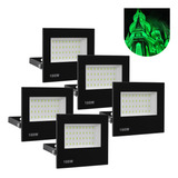 Kit 5 Refletor Led 100w Holofote Bivolt Prova Dágua Verde Carcaça Preto 127 220v