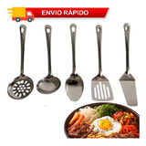 Kit 5 Utensílios De Cozinha Aço Inox Escumadeira Concha