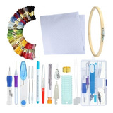 Kit 50 Linha Bordar Ponto Cruz Russo Bastidor Tesoura Agulha