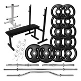 Kit 50kg Anilhas De Ferro Barras Suporte E Banco Para Supino