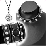 Kit 5pçs Bracelete Pulseira Spike Colar Pentagrama Rock Full