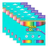Kit 6 Caixas Lápis De Cor 24 Novas Cores Multicolor Atacado