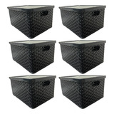 Kit 6 Caixas Organizadoras Rattan 4l Cesto Com Tampa Preto