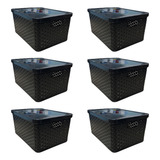 Kit 6 Cesto Caixa Organizadora Rattan 4l Preto Com Tampa