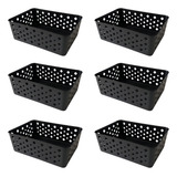 Kit 6 Cestos Organizador Multiuso Empilhável Gaveta 19x14x6 Cor Preto