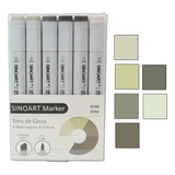 Kit 6 Cores Caneta Sinoart Marcador 2 Pontas Tons De Cinza