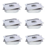 Kit 6 Cubas Gastronomicas Inox Gn 1 2x100 E 6 Tampas 1 2