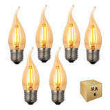 Kit 6 Lâmpada Led Vela Vintage E27 Chama Branco Quente 4w