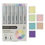 Kit 6 Marcador Artístico Sinoart Ponta Dupla Tons Pastéis