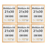 Kit 6 Molduras A4 21x30 Vidro P Diploma Certificado Dourado