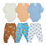 Kit 6 Peças Body Longo E Mijão Bebê Menino Estampado Básico