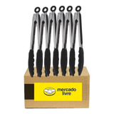 Kit 6 Pegador Saladas Cabo Inox Ponta Silicone Preto Buffet