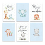 Kit 6 Placas Quadros Decorativos Menino Bebê Safari Azul