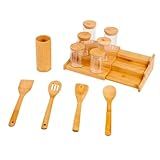 KIT 6 POTES HERMÉTICO 200ML COM TAMPA DE BAMBU RACK ORGANIZADOR DE BAMBU E 4 UTENSÍLIOS DE BAMBU OIKOS