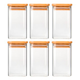Kit 6 Potes Vidro C Tampa De Bambu 250ml Quadrado Temperos Cor Transparente