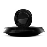 Kit 6 Pratos Vidro Porcelana 22cm Black Preto Sobremesa