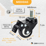 Kit 6 Rodízios Rodinhas Para Moveis Giratórias Com Parafuso Espiga M08 Trava Cor Preta 50mm 2 Polegadas Líder Rodízios