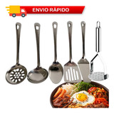 Kit 6 Utensílios De Cozinha Em Aço Inox Escumadeira Concha