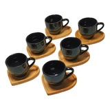 Kit 6 Xicaras Porcelana Café Chá Com Pires Madeira 12 Peças