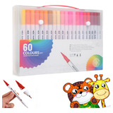 Kit 60 Cores Caneta Brush Pen Duas Pontas Pincel Marcadores